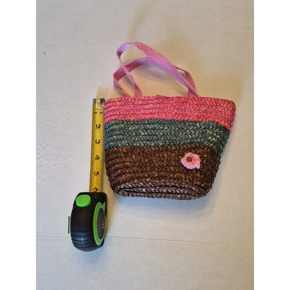 Woven Striped Tote Clutch Bag Pink Blue Brown Straw Summer Vacation Handbag
